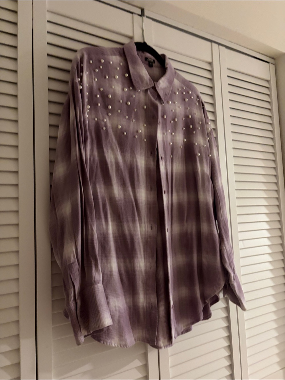 Express Lavender Plaid Pearl-Embellished Button-Down Shirt